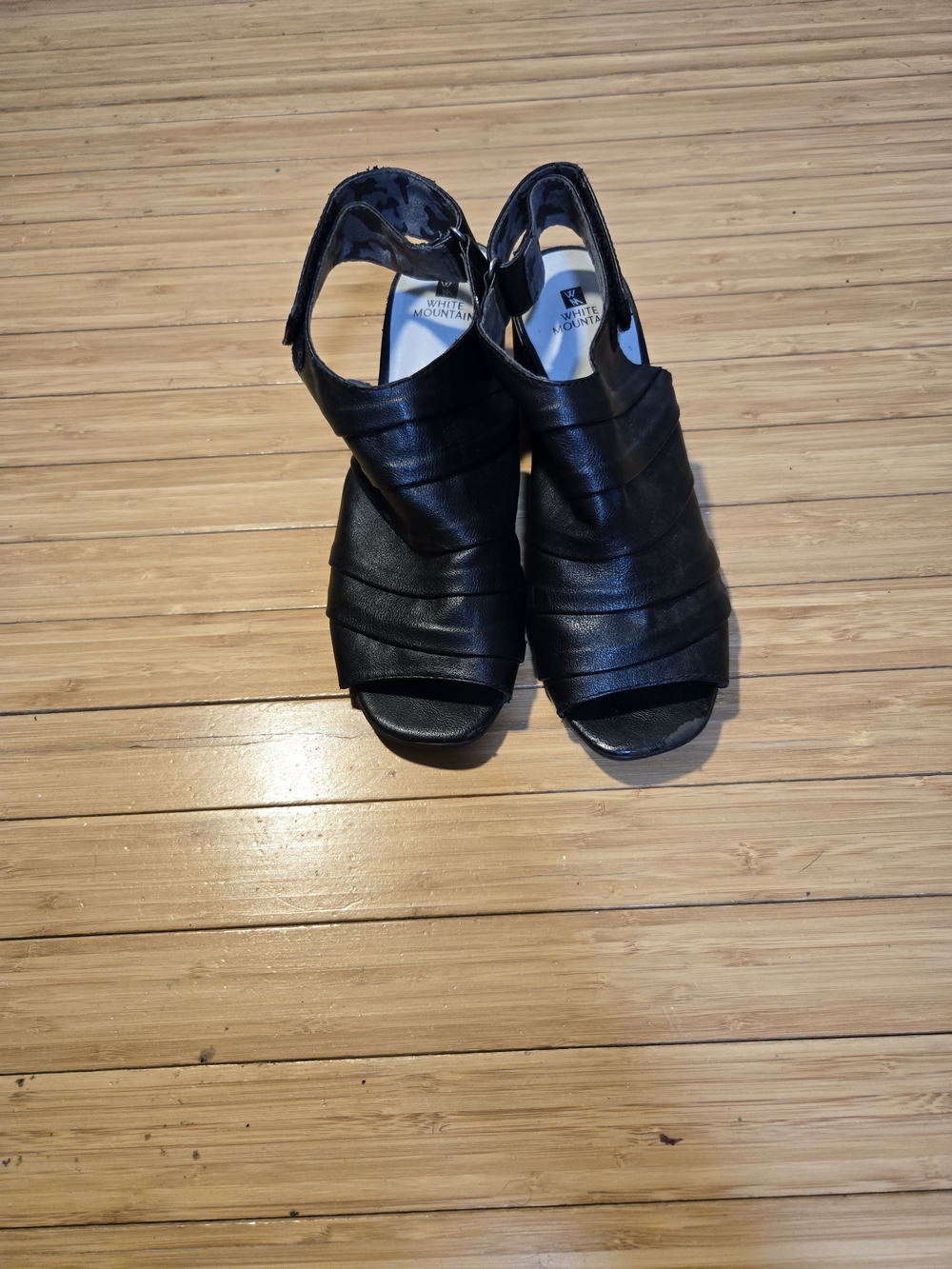 White Mountain Black Leather Peep-Toe Sandals